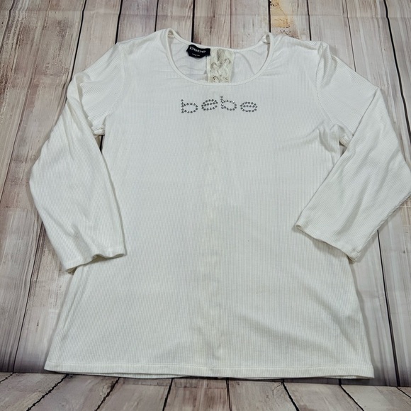 Parisian Chic Bebe White Ribbed Top with Lace Detail Down the Back. Size XL. - Picture 1 of 7